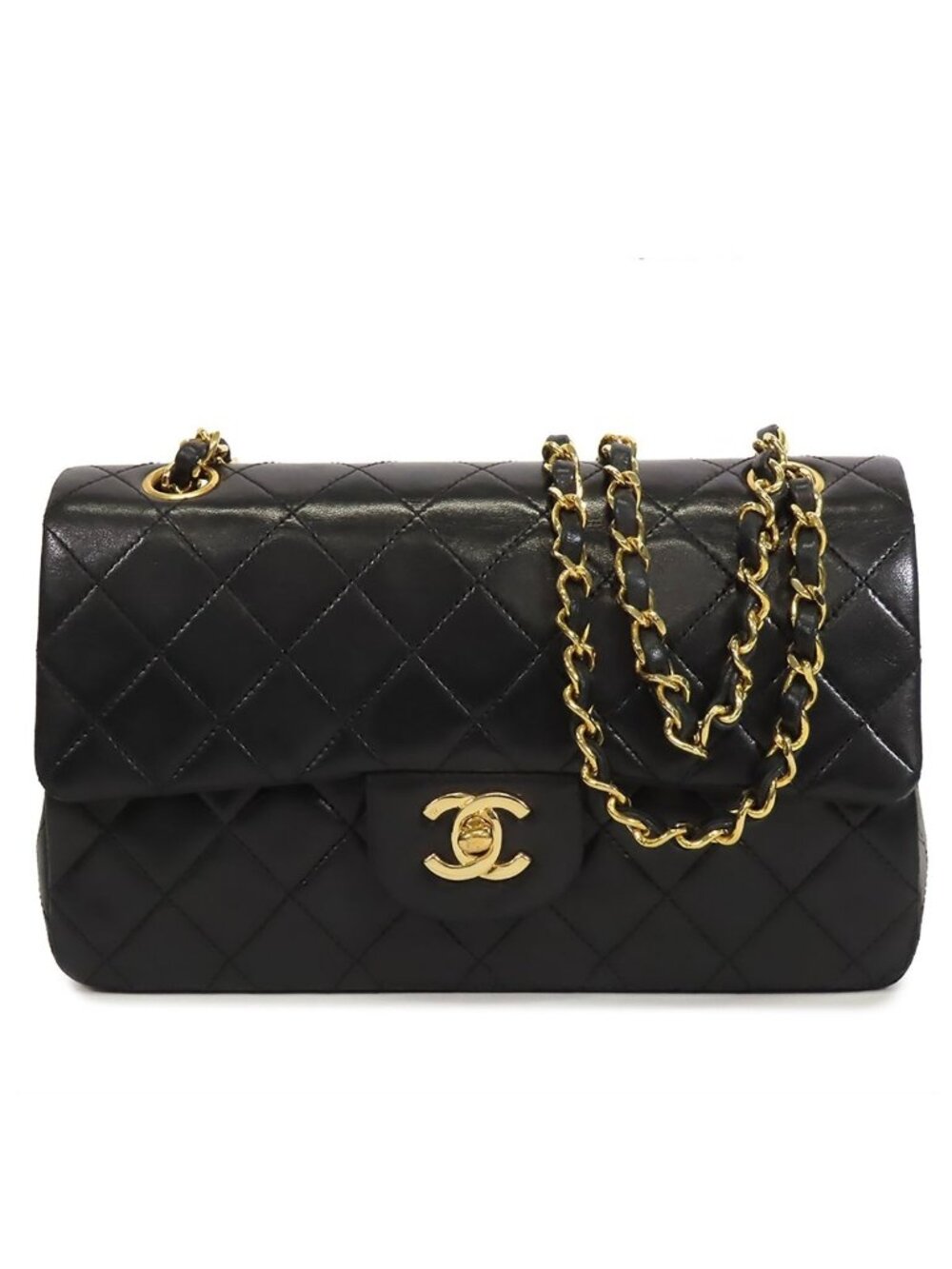 Chanel Chain Black Gold Lambskin Quilted 23 Double Flap Shoulder Bag